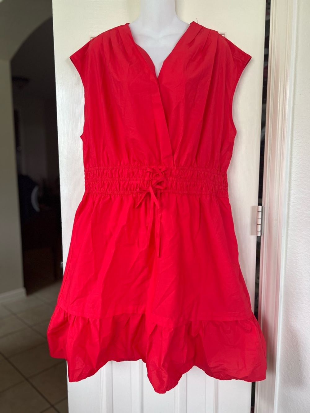 NWT Nicole Miller Bright Red Sleeveless V-Neck Drawstring Mini Dress 1X